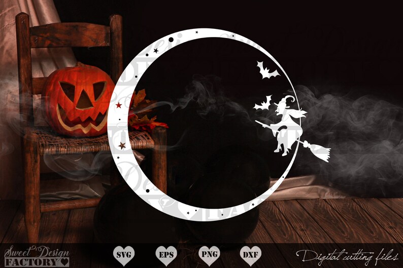 May include: White silhouette of a witch flying on a broomstick in a crescent moon frame. The witch is wearing a pointed hat and a long dress. The moon frame has stars and a pumpkin in the background.