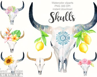 Skull watercolor clipart, longhorn clipart, flower and skull clipart, boho clip art, western clipart, buffalo clipart, ranch, bull skull