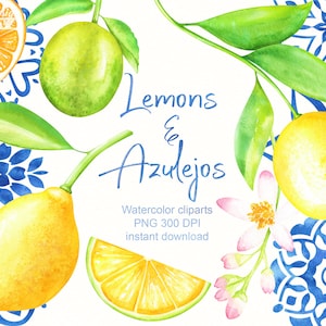 Clipart de citron à l'aquarelle, été clipart,  mosaique clipart, céramique clipart, azur clipart, agrume clipart, clipart floral, azulejos