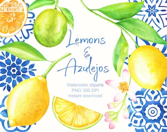 Lemon watercolor clipart, summer clipart, lemon sublimation, ceramic pattern, azure clipart, citrus clipart, floral clip art, azulejos