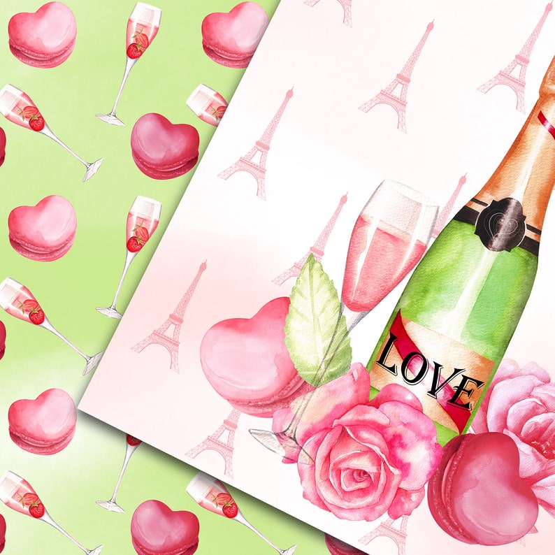 Valentine paper pack, Valentine'day paper, romantic paris, love paper, wedding stationery, eiffel tower, watercolor flowers, macaron image 7