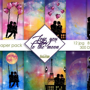 Papel digital de amor, galaxia, día de san valentín de papel, patrón de pareja, París romántico, amor, torre eiffel, efecto acuarela, luna de acuarela