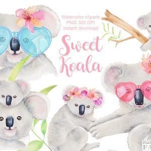 Clipart de koala à l'aquarelle, bébé koala clipart, clipart floral, australie clipart, maman et bébé clipart, bébés animaux, eucalyptus