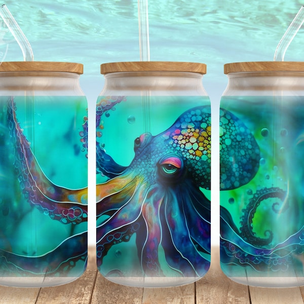 Octopus glass can png, 16 oz Libbey Glass Can Tumbler Sublimation Design, beer can glass design, ocean glass png, libbey can wrap png