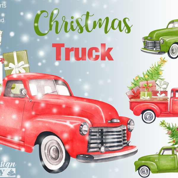 Aquarell Weihnachtstruck Cliparts, Roter LKW, Grüner Weihnachtswagen, Weihnachtskarte, Weihnachtsgirlanden, Aquarell Weihnachtsbaum