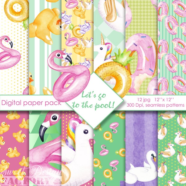 bouée papier digital / piscine motif/ été scrapbooking/ licorne scrapbooking/ flamant rose motif / tissu été/ planificateur été/ imprimable