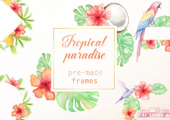 cadre tropical clipart, fleur tropicale aquarelle, cadre fleur, clipart exotique, fête été clipart, invitation clipart