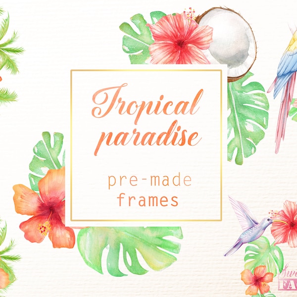 cadre tropical clipart, fleur tropicale aquarelle, cadre fleur, clipart exotique, fête été clipart, invitation clipart