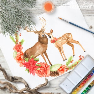 Reindeer sublimation png, Reindeer watercolor clipart, traditional christmas clipart, woodland png, christmas wreath png, flower wreath png imagem 5