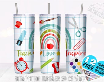 20 Oz skinny tumbler png, Teach Love Inspire Sublimation Design Teacher Tumbler, teacher gift, pencil Tumbler PNG, Instant Download