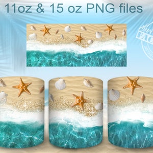Peut inclure: Trois tasses blanches avec un motif de plage. Le motif représente une plage de sable avec des coquillages, des étoiles de mer et de l'eau scintillante. Le texte "11oz & 15 oz PNG files" est en haut de l'image.