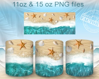 Beach Mug Sublimation design, 11 oz and 15 oz mug png, Sublimation Mug Template, summer mug wrap png, Mug Design PNG, ocean mug png