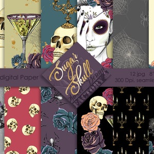 Day of the Dead digitales Papier, Halloween Papier, Halloween Cliparts, Nahtloses Muster Tage der Toten, Gothic Muster, Totenkopf