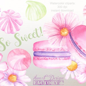 Clipart macaron à l'aquarelle, clipart fleur des champs, printemps, fleur aquarelle, clipart gateau, clipart meringue, invitation mariage