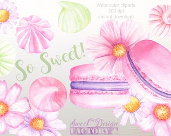 Op de afbeelding: Waterverf illustraties van roze en groene macarons, roze en witte meringues en roze bloemen met gele centra. De tekst "So Sweet!" is geschreven in groen cursief. De tekst "Sweet Design Factory" is geschreven in zwart met een roze ster.