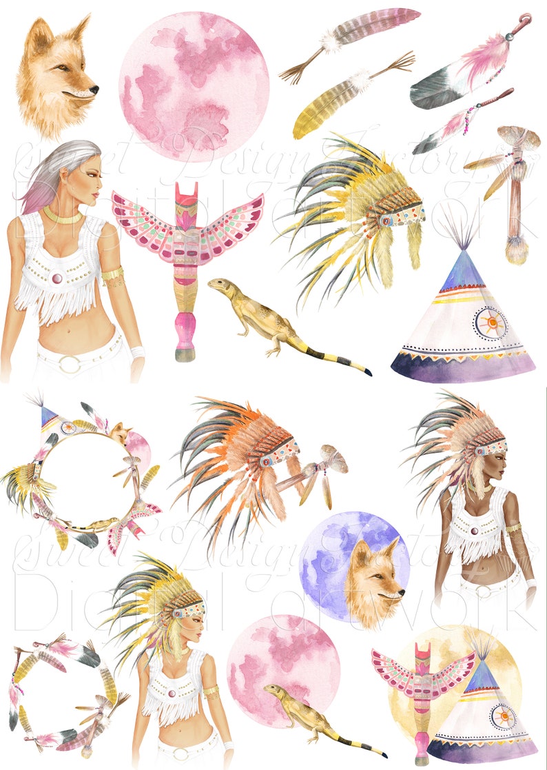 Boho clipart/ watercolor clip art/ native clipart/ feather clipart/ moon clipart/ totem clipart/ wolf clipart/ animals clipart image 3