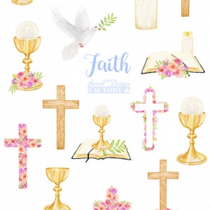 May include: Watercolor illustrations of religious symbols, including a dove, a cross, a chalice, a bible, and a host. The illustrations are in shades of gold, brown, and pink.