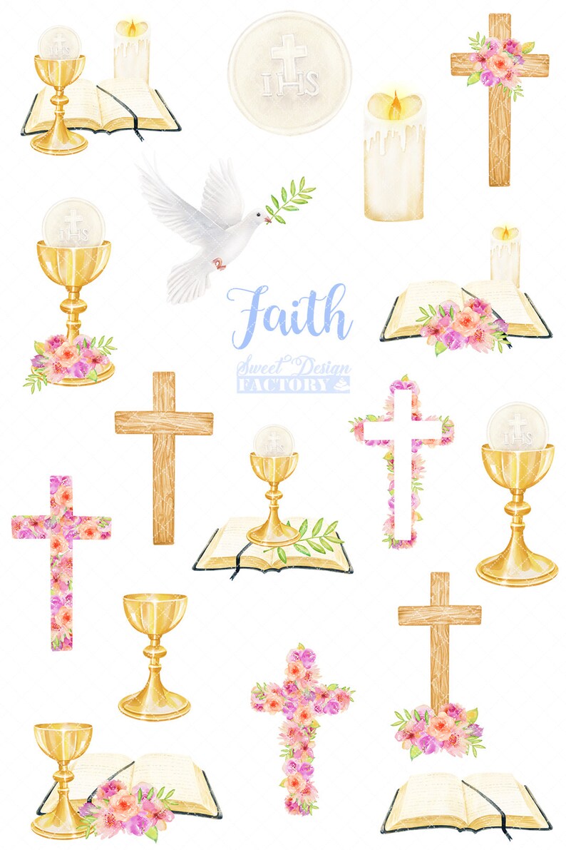 May include: Watercolor illustrations of religious symbols, including a dove, a cross, a chalice, a bible, and a host. The illustrations are in shades of gold, brown, and pink.