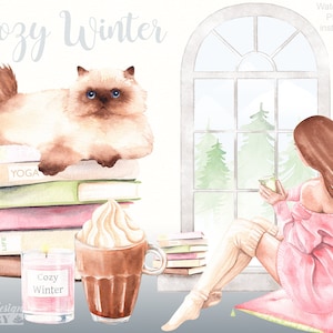 Aquarelle hiver au chaud clipart, clipart cosy, fille hiver clipart, mode clipart, ambiance hygge, chat aquarelle, hiver chic, neige