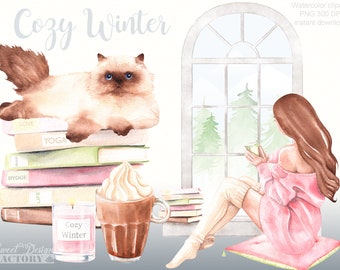 Winter sublimation png, winter watercolor clipart, winter girl png, hygge png, winter sublimation design, cold weather png, cozy winter png.
