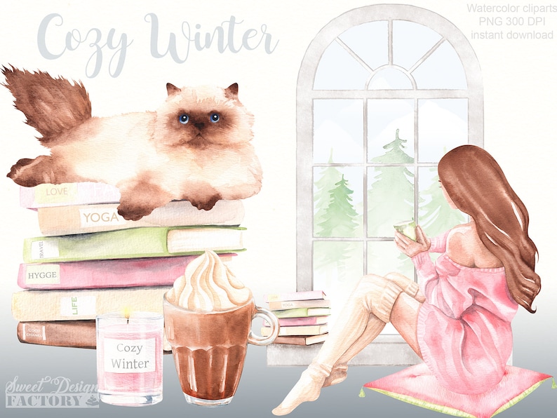 Winter sublimation png, winter watercolor clipart, winter girl png, hygge png, winter sublimation design, cold weather png, cozy winter png. imagem 1