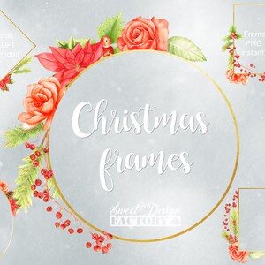 Cadre de Noel à l'aquarelle , cadre clipart, cadre avec fleurs, fleur de noel, cadre floral, clipart cadre or, invitation clipart