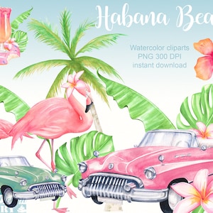 Voiture rétro à l'aquarelle clipart, flamant rose clipart, plage clipart, voyage clipart, palmier clipart, hawai clipart, tropical clipart