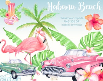 Watercolor retro car clipart, flamingo clipart, beach clipart, palm tree clipart, summer clipart, tropical clipart, travel clipart
