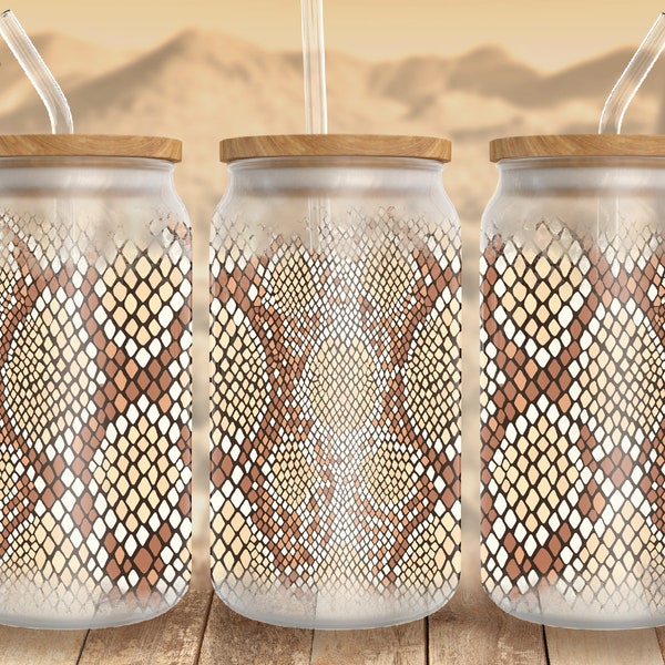 snakeskin glass can, Western libbey glass can png, snake 16 oz Libbey glass png, glass tumbler png, frosted glass tumbler Sublimation png