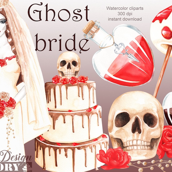 Clipart d'halloween à l'aquarelle, mariée fantôme, gothique clipart, gâteau halloween, tête de mort, mariage gothique