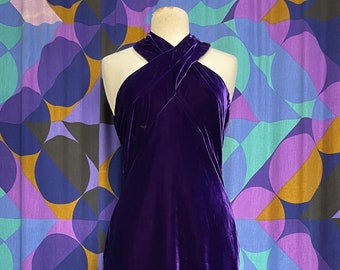 Stunning Vintage Purple Velvet Hand Made Halter Neck Maxi Evening Dress with Cross Over Front UK Size 8 XS