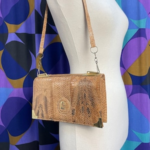 Amazing Vintage 60s 70s Reptile Snake Skin Pierre Cardin Symbol Handbag Clutch Bag with Shoulder Strap and Inner Pocket