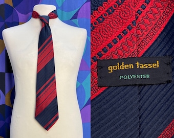 Fab Vintage 70s Red and Navy Blue Diagonal Striped Patterned Large Polyester Kipper Tie by Golden Tassel