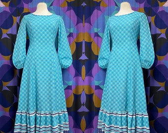 Beautiful Vintage 60s 70s Blue Printed Balloon Sleeved Maxi Dress with Ruffle Hem UK Size 8 Small
