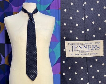 Classic Vintage 60s 70s Navy Blue and White Polka Dot Print All Silk Tie Made in England for Jenners Edinburgh