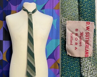 Fab Vintage 60s 70s Green Diagonal Striped Tie Woven in Scotland by D.W.Sutherland