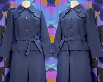 Amazing Vintage 60s Navy Blue High Waisted Pleat Front Knee Length Skirt and Matching Jacket with Round Collar Suit Set UK Size 10 Medium