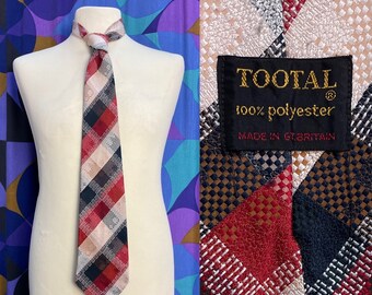 Fab Vintage 70s Red and Navy Blue Check Patterned Large Polyester Kipper Tie Made in Great Britain by Tootal