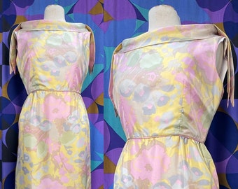 Beautiful Vintage 60s Pastel Abstract Floral Print Sleeveless Spring Summer Knee Length Evening Dress UK Size 12 Medium