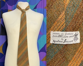 Beautiful Vintage 70s Orange and Brown Diagonal Striped Woven Wool Tie Made in Scotland by Andrew Stewart