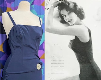 Gorgeous Vintage 1940s/50s Navy Blue Swimsuit with Over Sized Button and Zip Back Made by Caltex Sold by Harrods Size Small Medium