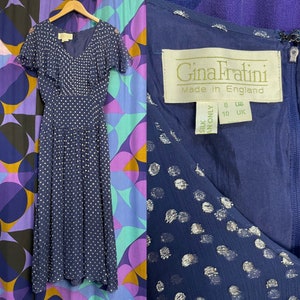 Stunning Vintage 1970s Blue and Sparkly Silver Polka Dot Print Silk Chiffon Floaty Evening Party Dress by Gina Fratini UK Size 8 Small