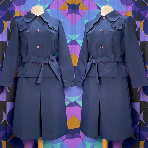 Amazing Vintage 60s Navy Blue High Waisted Pleat Front Knee Length Skirt and Matching Jacket with Round Collar Suit Set UK Size 10 Medium