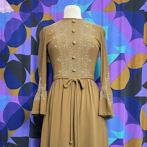 Stunning Vintage Brown Dress with Three Quarter Flared Sleeves and Amazing Soutache Embroidery Detail UK Size 8/10 Small