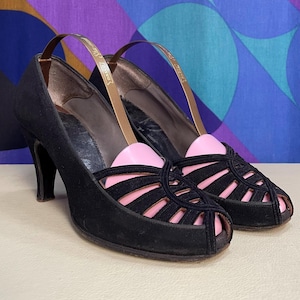 Beautiful Vintage 1940s 50s Black Suede Cage Front Peep Toe Heels UK Size 4.5
