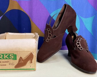 Amazing Vintage 1940s Brown Suede Shoes with Small Heel and Large Buckle Detail Made in England by Clarks UK Size 6 in Original Box!