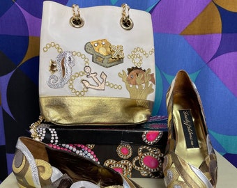 Fabulous Vintage 80s White & Gold Leather Patchwork Fish, Seahorse, Treasure Chest Appliqué Handbag and Matching Shoes Set Beverly Feldman