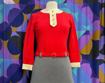 Incroyable mini-robe vintage des années 60 rouge, crème et grise à manches longues en pure laine vierge avec taille ceinturée par London Maid UK Taille 8 Petit