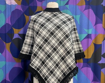 Gorgeous Vintage 60s 70s Black and White Tartan Plaid Cape with Fringing and High Neck by Keynote Size Small Medium