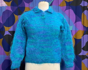 Fun Vintage 70s 80s Blue Striped Hand Knitted Long Sleeved Mohair Jumper with Collar and Cute Button Detail Size Small